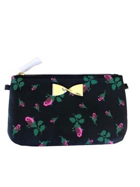 Betsey Johnson Faux Leather Black Floral Gold Bow Wristlet Purse Bag Wallet